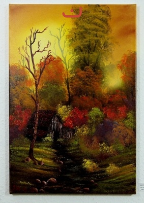 Huette im Herbstwald Bob Ross Ölbild 10335