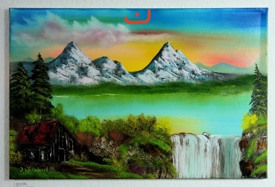 Bergsee mit Wasserfall Bob Ross Ölbild 10353