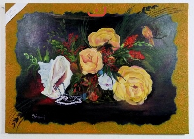 Blumentraum mit Muschel und Vogel Ilse Wernhard Ölbild 10462
